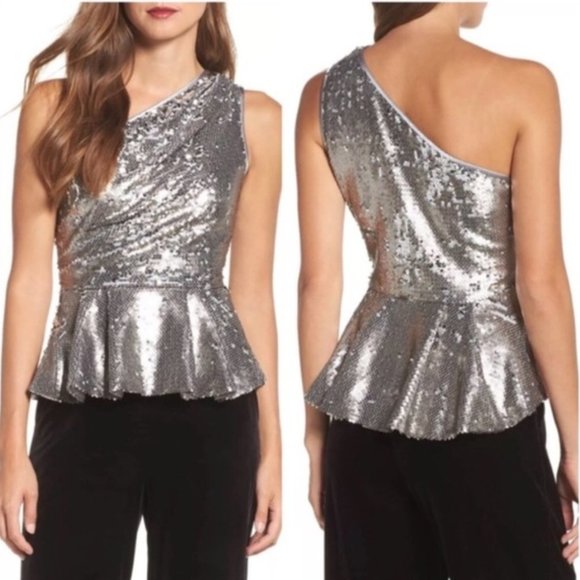 Eliza J Tops - Eliza J Silver Sequin One Shoulder Peplum Top NWT